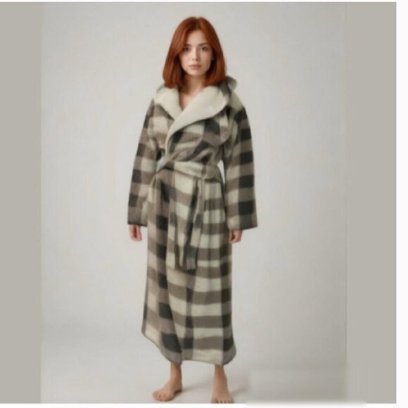 David Archy Plaid Hooded Plush Fleece Robe Maxi Longline Oversized Size Small - Picture 1 of 14